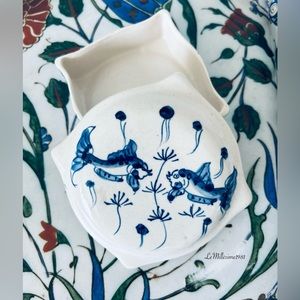 Vintage Chinese Porcelain Box Hand Painted Koi Blue White